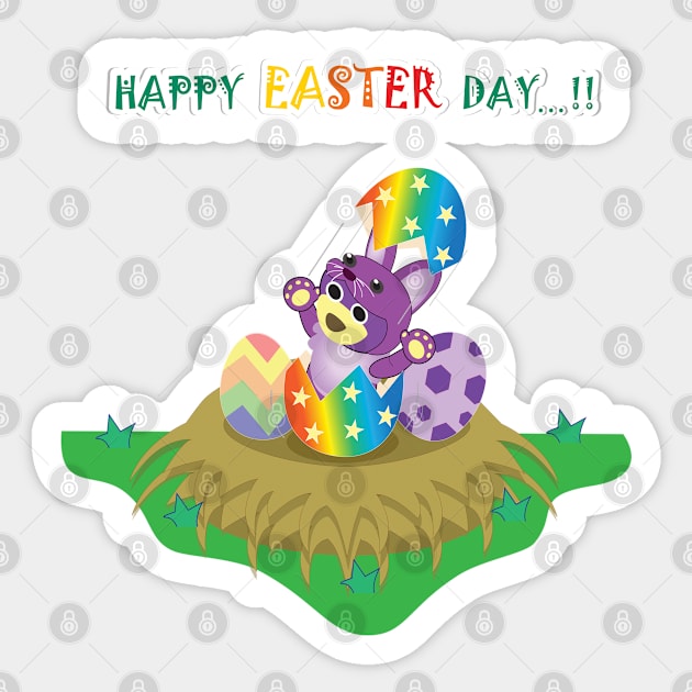 Happy easter's day, Bunny easter, Mr. Purple bear in Bunny easter costume with easter egg, Bunny easter, Bunny hatch from easter egg, cute bear, teddy bear lover, purple bear Sticker by Figaro-17